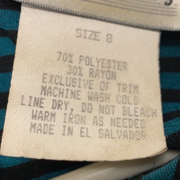 80s Miss Dorby DressTie Back Midi Black Green striped short sleeves size 10 - Picture 12 of 15